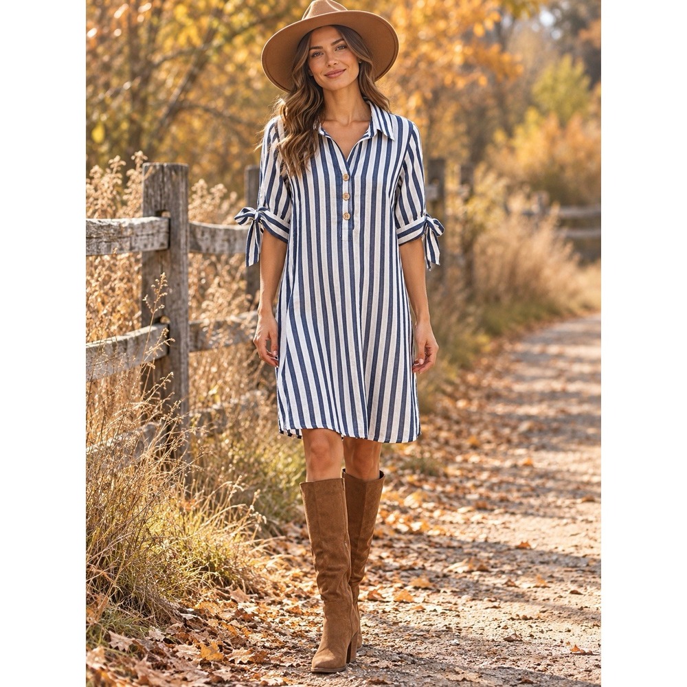 Anthropologie J Gee Dress Womens Small Navy Stripe Tie Sleeve Boho Rayon SS39